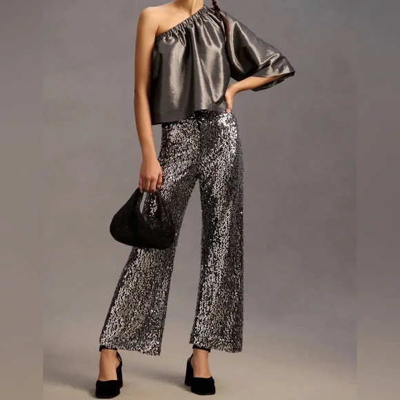 NWT Maeve by Anthropologie The Collette Cropped Wide Leg Sequin Pant Size 25 - Picture 6 of 17